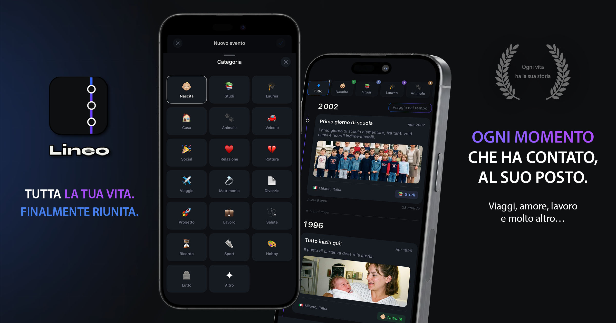 Selezione delle categorie di eventi nell'app Lineo: casa, lavoro, viaggi, relazioni e studi